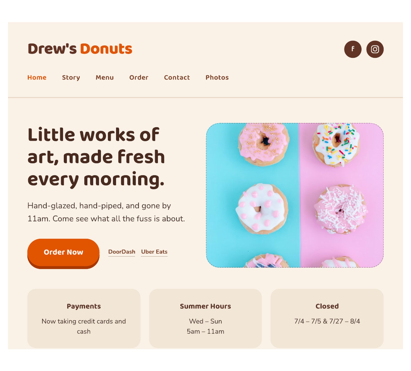 Drew's Donuts redesigned website, clean and playful with real decorated donuts front and center