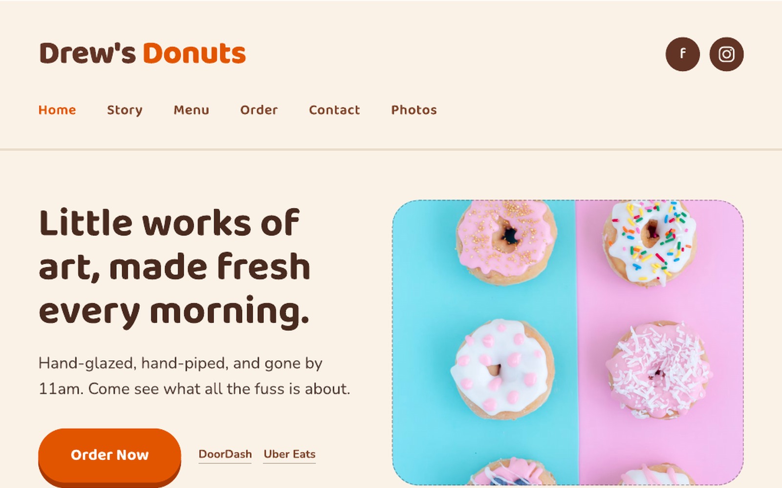Drew's Donuts redesigned website, clean and playful with real decorated donuts front and center